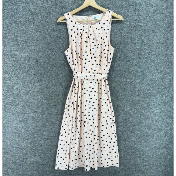 Elle Dress Women 10 Pink Polka Dot Sheath Midi Zipper Belted Sleeveless Lined - Picture 1 of 6